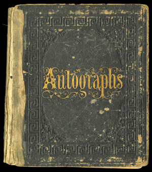 Front cover of a civil war autograph book. The blue cover has Autographs written in gild.  