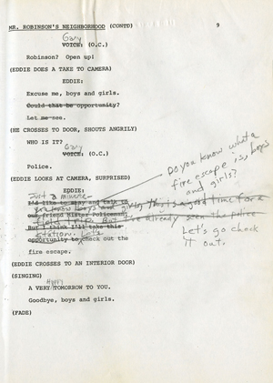 A page of the script for the Mr. Robinsons Neighborhood sketch with handwritten edits to the writing. The text in the image is too small to read.  