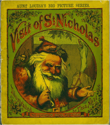 Front cover of Visit of St. Nicholas featuring a title with red writing on a yellow and green background. Illustration of Santa Claus with a long white beard and holding a pipe is in the center of the cover.