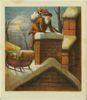 Santa Claus with a full pack on his back climbing into a chimney on the roof of a house. His sleigh is parked on the roof beside the chimney.