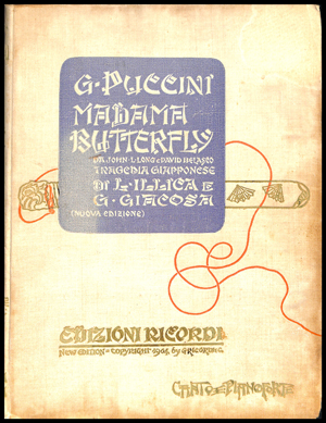Cover of Giacomo Puccinis Madame Butterfly with a decorative red thread illustrating the book with a knife.  