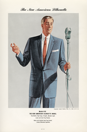 First picture: Text: The New American Silhouette 
A picture of a man in a suit and tie with a microphone in front of him, apparently singing. Below this is text too small to read  Second picture The text: Coronado Sportswear.  Below this is a picture is a man in a suit and tie looking at his golf clubs.  Text too small to read. 
