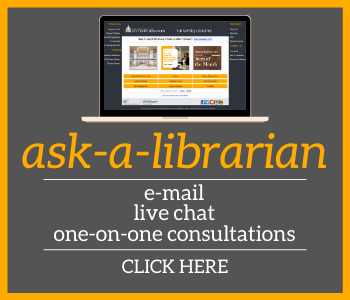 Background is light gray. At the top of the page is a laptop, open and facing forward, without the keyboard being visible. Underneath is the wording in gold, ask-a-librarian, with a white line underneath, and the wording, e-mail, live chat, one-on-one consultations, and click here. The image is surrounded by a gold border.