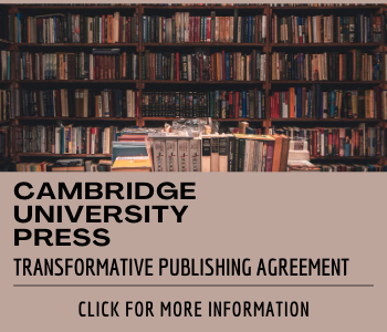 Shelves of books with the text below Cambridge University Press Transformative Agreement, click for more information
