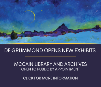 Top half of image is an evening horizon, with mountains, dark blue skies and a thin crescent moon. Underneath the image is the text, over a purple background, de Grummond Opens New Exhibits, McCain Library and Archives, Open to Public by Appointment, Click for More Information. 