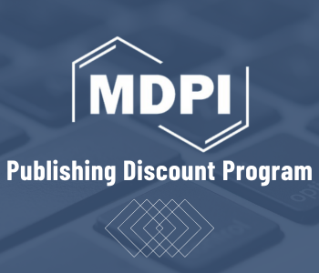 Blue square with white text: MDPI, Publishing Discount Program. Around MDPI are angled lines. At the bottom of the box are a five layers box outlines.