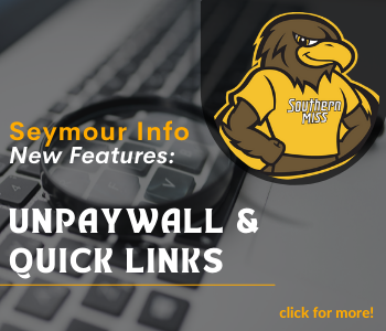 black and white photo of computer keyboard with magnifying glass laying on top. Top right corner is image of Seymour, USM’s mascot, and the text below reads Seymour Info New Features: Unpaywall and Quick Links