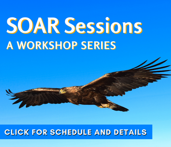 blue background and a flying golden eagle. Text reads SOAR sessions, a workshop series, click for schedule and details