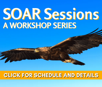 Golden eagle flying with wings spread, text reads SOAR Sessions, a Workshop Series, Click for Schedule and Details.