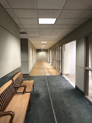 image is a photo of a hallway with off white (at the top) and green (at the bottom) walls on the left and windows on the right. The hallway is partially under construction with carpet on one of the hallway, and wood flooring on the other where carpet has been removed. Along the wall on the left are two wooden benches with backs and arms. Along the right hallway, is an opening, between sets of windows, where part of a wall has been removed.