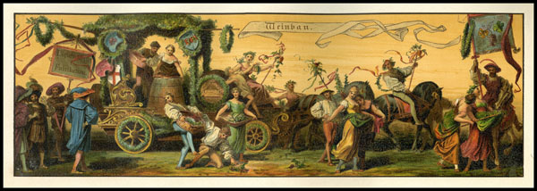 This image depicts a tableau of people who were members of the winemaker’s guild in Austria or Vienna. The participants are dressed in Renaissance costumes and carry grapes and other winemaking implements. The float, pulled by two horses, shows a couple making wine. 