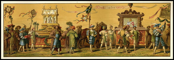 This image depicts a tableau of people who were members of the glazier guild in Austria or Vienna. The participants are dressed in Renaissance costumes and surround 2 floats with examples of their glasswork. 