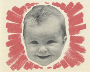 This image shows a floating baby head with pink paint marks radiating from the head.