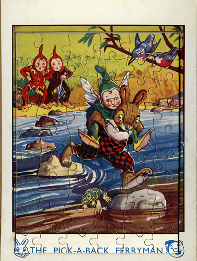 The cover of Robin’s Jig-Saw Story Book (Packed with Jig-Saw Puzzles and Stories) has cut-outs as though it is a puzzle. Two gnomes are carrying a bunny who is carrying a radish. A bird sits on a twig and sings to them. They are all walking through a forest with trees in the back-ground.