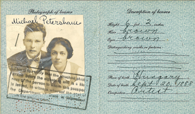 Passport page featuring a black and white photo of Maud and Miska Petersham in their youth. The photograph has “Michael Petersham” handwritten across the top (an anglicized version of his name). The description information reads the passport bearer is 6 feet, 2 inches with brown hair and eyes. He was born on Sept 20, 1888 in Hungary. His occupation is listed as Artist