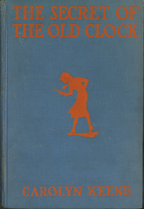 Cover of The Secret of the Old Clock by Carolyn Keene that includes a silhouette of a woman using a magnifying glass. 