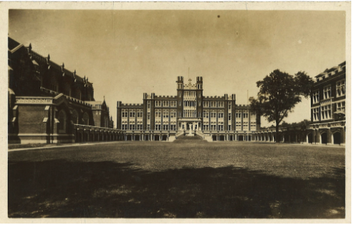 Sepia tone postcard with pictures of the quad and three buildings on the Loyola University campus. 