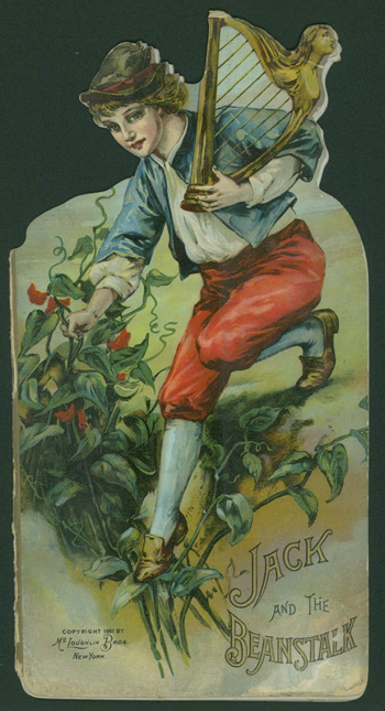 This image is from the front cover of a die cut version of Jack and the Beanstalk. It depicts Jack carrying a harp. He is standing on a ledge with his right foot on a vine while his right hand grabs the vine for support. Jack is wearing a black hat with a red band, white long sleeve shirt, a blue jacket with three quarter length sleeves, red pants that go to his knee, white tights, and gold slip on shoes. At the bottom of the cover on the right side is the title of the book Jack and the Beanstalk. At the bottom left is the copyright statement Copyright 1897 by McLoughlin Brothers New York.