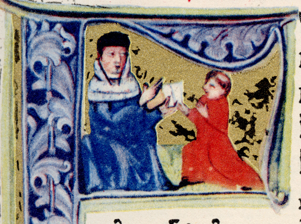 Detail of the illumination found on a page of the Gutenberg Bible. There’s a picture of a man in a blue robe showing a book to a boy in a red robe. 