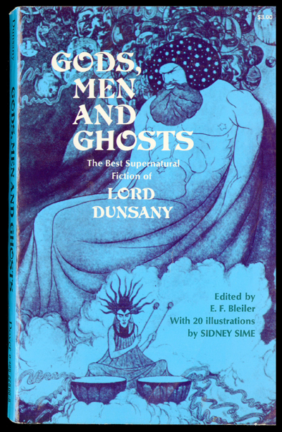 Cover of book by Lord Dunsany.  Illustrated image of a god sitting in repose.  Behind him are many spheres.  Below is a cloud with a witch donning Medusa-like hair inside the cloud.  In front of her are two tribal drums with her holding drumsticks.