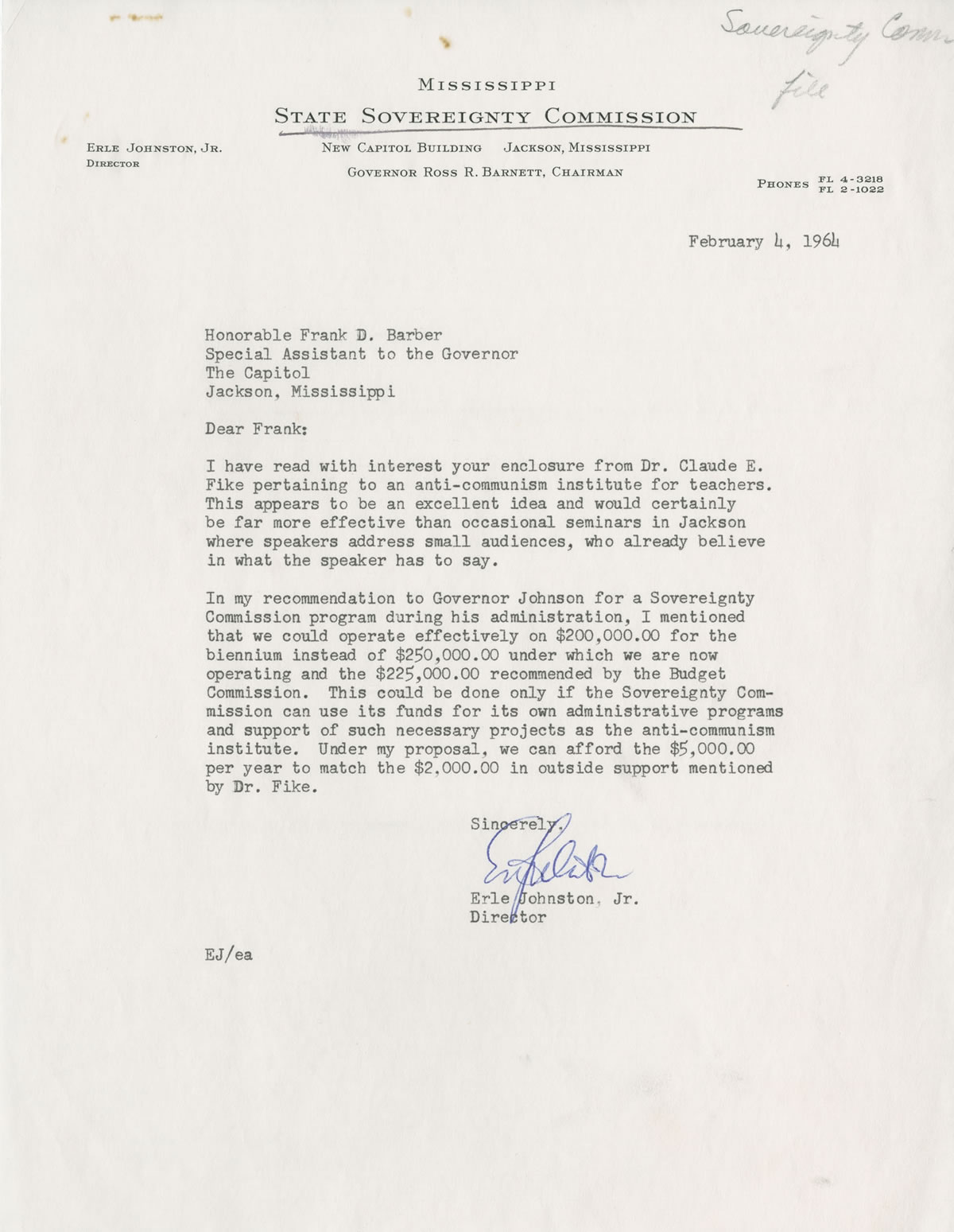 Mississippi State Sovereignty Commission letter about a proposed anti-communism institute for teachers