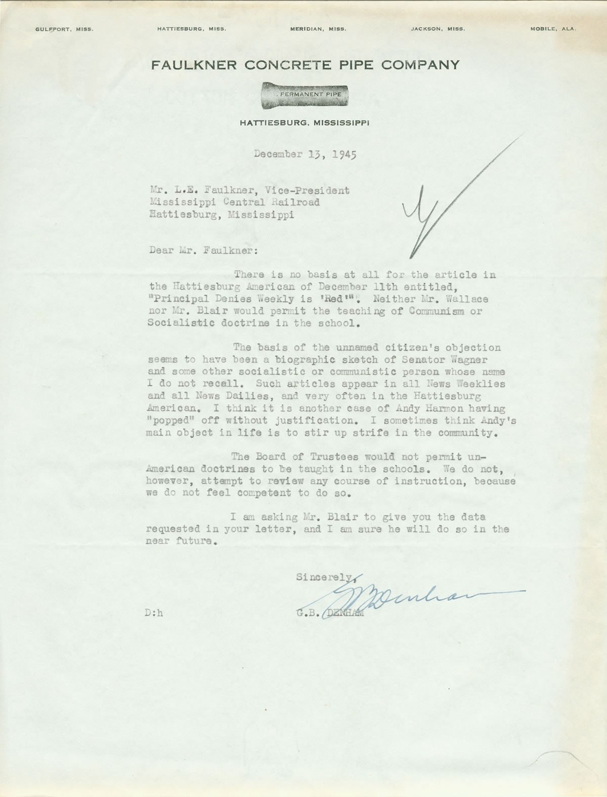 Letter from Hattiesburg Public Schools Board Member G.B. Denham to L.E. Faulkner about the use of Weekly News Review at Hattiesburg High School  
