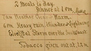 Snippet of a page from the dining hall record kept at the Jefferson Davis Solders Home with the following text:  
2 meals today. Dinner at 1pm, Mass. 7am weather clear and warm. 6pm Heavy rain, thunder & lightning. Electrical storm over the south coast. Tobacco given out at 12m. 
