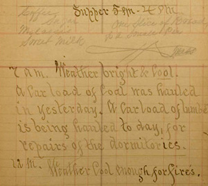 Snippet of a page from the dining hall record kept at the Jefferson Davis Solders Home with the following text:  
 
Supper 5pm 
