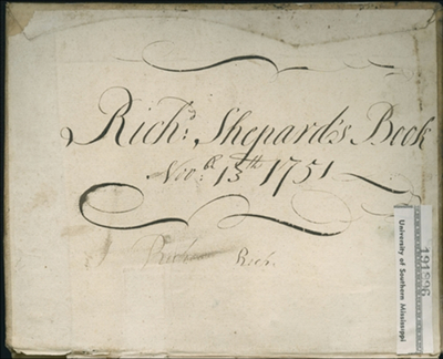 The pastedown of a book with the signature Richard Shepards Book, November 13, 1751 