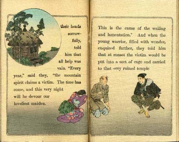 Two pages of a book. Left page shows a picture of a temple with trees surrounded by the text their heads sorrowfully, told him that all help was vain. Every year, said they, The mountain spirit claims a victim. The time has come, and this very night will he devour our loveliest maiden. I cowering woman is to the right of this text. The second page shows two men crouched with the following text above them. …This is the cause of the wailing and lamentations And when the young warrior, filled with wonder, enquired further, they told him that at sunset the victim would be put into a sort of enge and carried to that very ruined temple.  