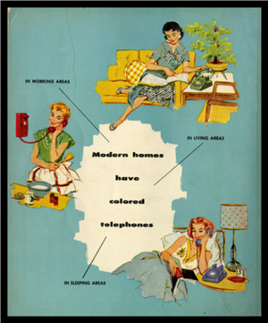 Back cover of a 1957 Hattiesburg, Mississippi phone directory picturing three woman on the telephone (each a different color)  surrounding the text Modern homes have colored telephones.  