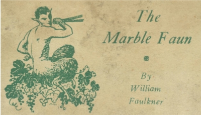 A detail of the cover of Marble Faun by William Faulkner that features a satyr crouching in greenery. 