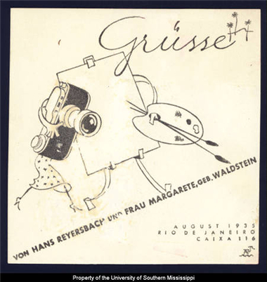 Wedding announcement with the woman shown as having a female body with dress/heels and the body/head of a camera. The groom is shown with cartoon legs and a canvas as a body holding a paint palette. TheText Gruisse von Hans Reyersbach und Frau Margarete Geb. Waldstein, August 1935, Rio de Janeiro, Caixa 116 