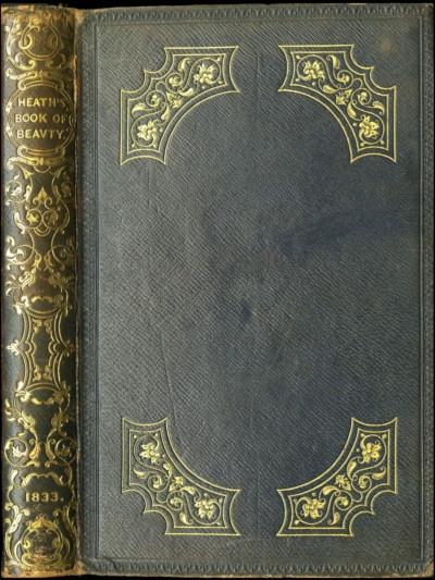 Front cover and spine of Heaths Book of Beauty from 1833. The brown book has gold details on the cover in a floral patter with similar designs on the four corners of the cover.  