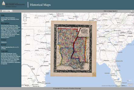 Screenshot from the interactive historical map viewer website. The background shows the south and central parts of the United States with an inset map of Mississippi, Louisiana, and Arkansas. The text on the image is too small to read.  