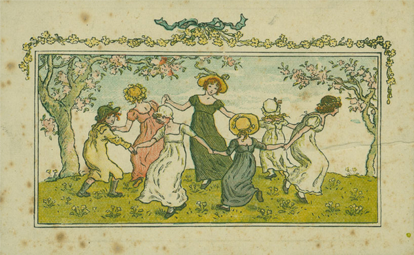 Seven young women holding hands in a circle on a grassy lawn with two pink flowering trees. 