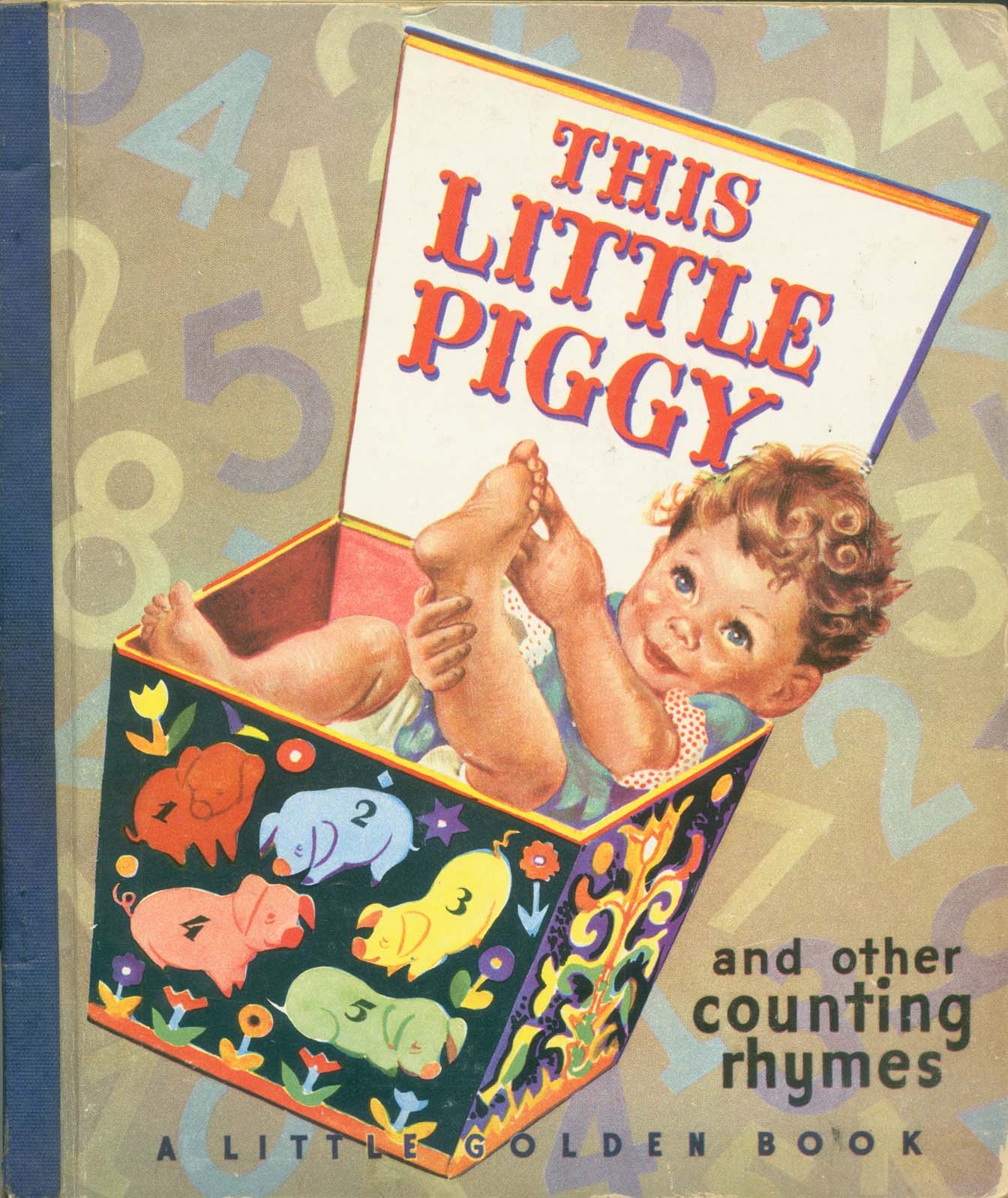 Book cover of This Little Piggy and other Counting Rhymes with a child in a box playing with his toes. On the right side of the image is the book cover for Praryers for children showing two children kneeling and reading a prayer book while a bird looks on.  