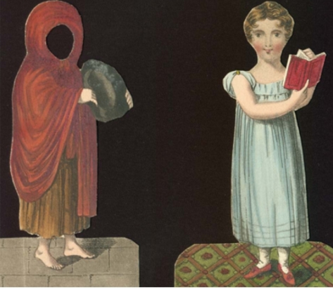 Two paper dolls. The first is the clothing – a red cape and brown dress. The other is a girl in a blue dress holding a book.  