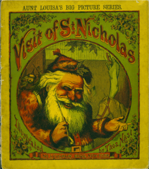 Cover of the book Visit of St. Nicholas, a title in Aunt Louisas Big Picture Series. Santa is pictured on the front holding a pipe and winking at the viewer with a toy horse in the background.  