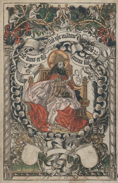 Frontispiece from Liber Chronicarum that shows God on a throne surrounded by decorative ribbons, putti, and greenery.  