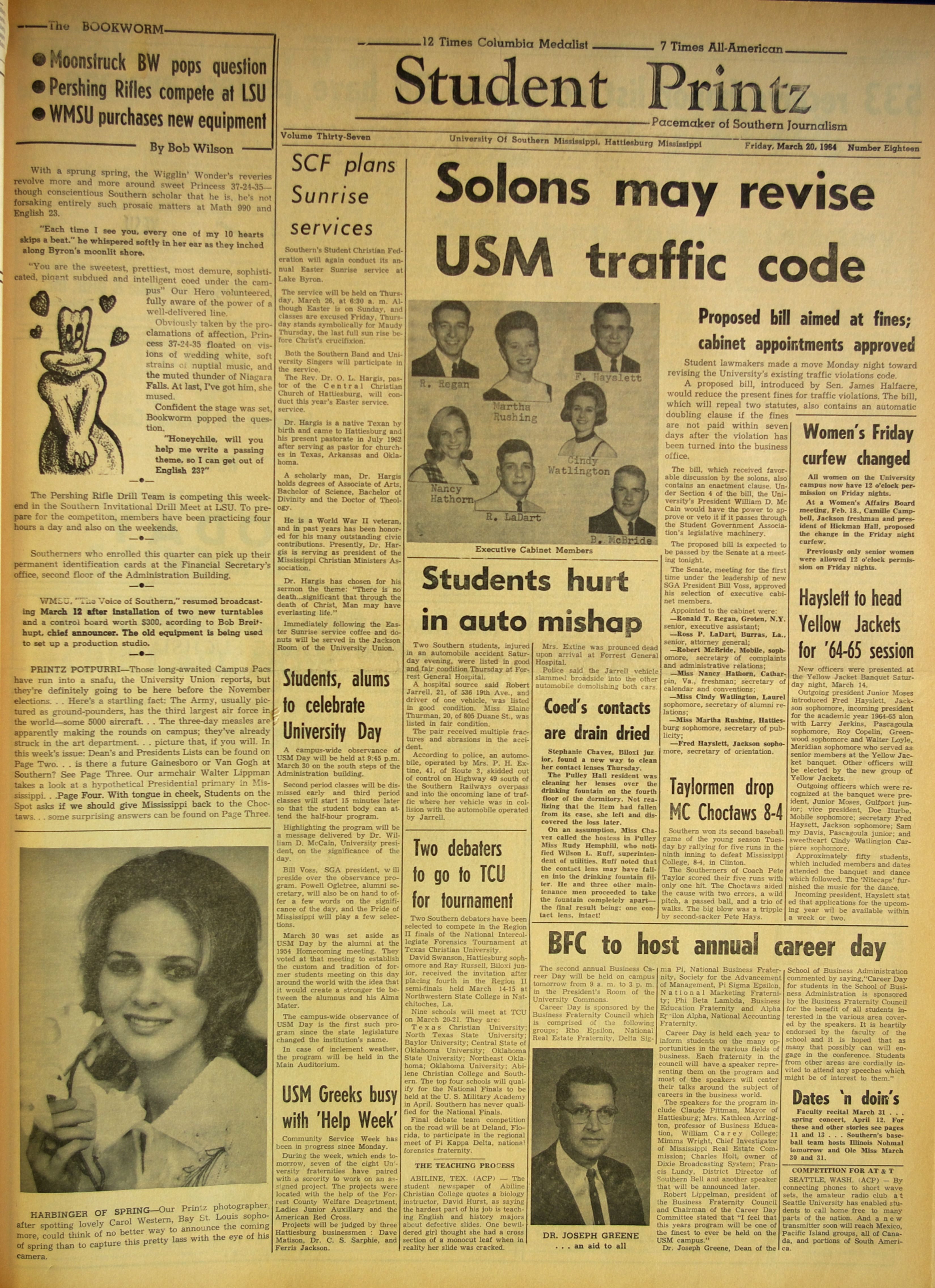 Front cover of Student Printz from March 20, 1964. Includes stories titled Solons may revise USM traffic code, SCF plans sunrise service, Students, alums to celebrate University Day, Womens Friday curfew changed, Coeds contacts are drain dried, and BFC to host annual career day. The article text on the page is too small to decipher. 