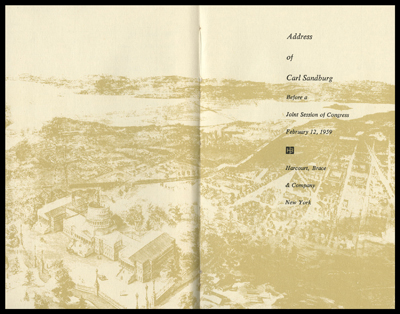 Fly sheets of the book depicting an aerial view of a town with the title Address of Carl Sandburg Before a Joint Session of Congress, February 12, 1959 Harcourt, Brown & Company.  