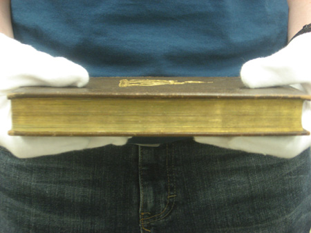 Book held by a person wearing white gloves showing the fore-edge of the book with the gold gilding. 