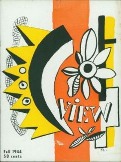 Front cover of the Fall 1955 issue of The View that sold for 50 cents. The image is an abstract graphic that includes points, flowers, and linework in orange, black, and yellow.  