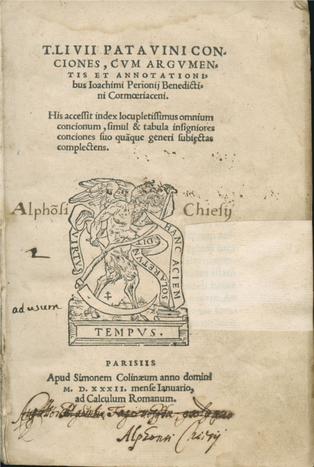 Cover page for the book T. Livii Patavini Conciones with an image of a winged beast holding banners. The page includes the following text.  
 
t. livii patavinicon. ciones, cvmargvmen, tis et annotationi ebus iaochimi perionij benadsctni cormoeriaceni. 
 
his acceffit i ndex locupletiffimus omnium concisonum, fimul & tabula space i nfigniores conciones fuo quaque generi fubietas space completens. 
 
parisiis. apud simonem colinaeum anno domini m. d. x. x.x.ii menfe oamiarop. ad calclulum romanum 
