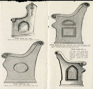 Interior image showing four examples of pew ends.  