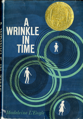 Front cover of the book A Wrinkle In Time by Madeleine LEngle. Showing the silhouette’s of the three principle characters (In order, top-to-bottom: Charles Murry, Calvin OKeefe, and Margaret Murry). Each silhouette is surrounded by radiating concentric circles. The cover also bears a gold John Newberry Medal that reads: For the Most Distinguished contribution to American Literature for children. Awarded Annually by the Childrens Librarians Section of the American Library Association.