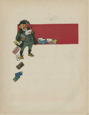 Illustration of a man in a nightcap sorting through mail.  In background is a large red rectangle. 