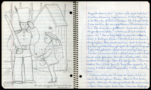 Two pages from a spiral bound notebook.  Left page shows hand drawn illustration with a girl looking up at a British Soldier.  Right page shows a page of handwriting too small to be legible.  
Lower page shows illustration of the same girl sitting in a chair holding a sign that says Prince Andrew in all caps.  On the bottom of the page are the words Where did everyone go? 
