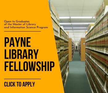 text on gold background reads, Open to Graduates of the Master of Library and Information Science Program, click to apply, with two bookshelves of books in the library.